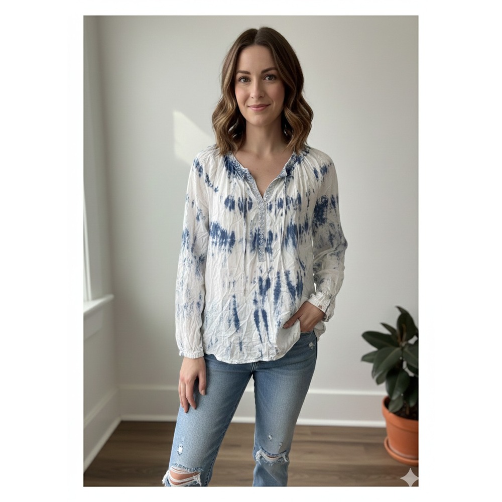Vintage America blues Tie-Dye Blouse Women's 24 V-Neck Long Sleeve‎ Top